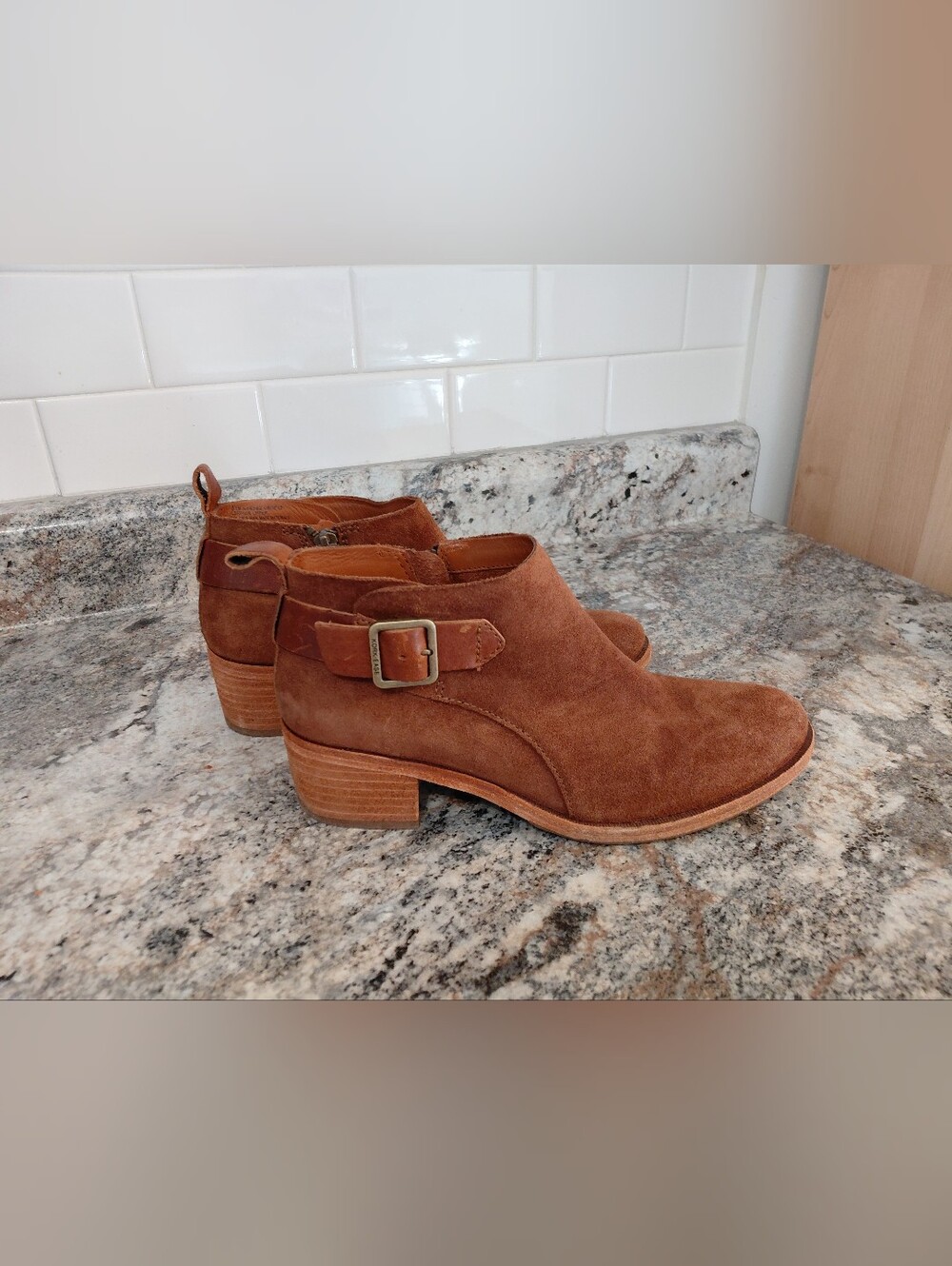 Kork-Ease Suede Ankle Booties in Cognac Brown with Buckle